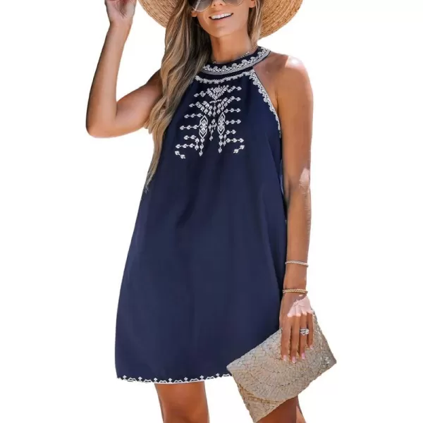 imageCUPSHE Womens Halter Sleeveless Embroidered Mini Dress A Line Short DressNavy Blue