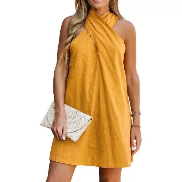 imageCUPSHE Womens Halter Sleeveless Woven Short Dress Twisted Formal Dress Casual Mini DressYellow