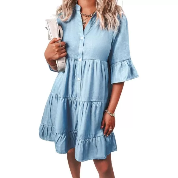 imageCUPSHE Womens High Neck Flounce Knee Length Dresses Quarter Sleeves Button Dresses with Ruffled DesignBlue