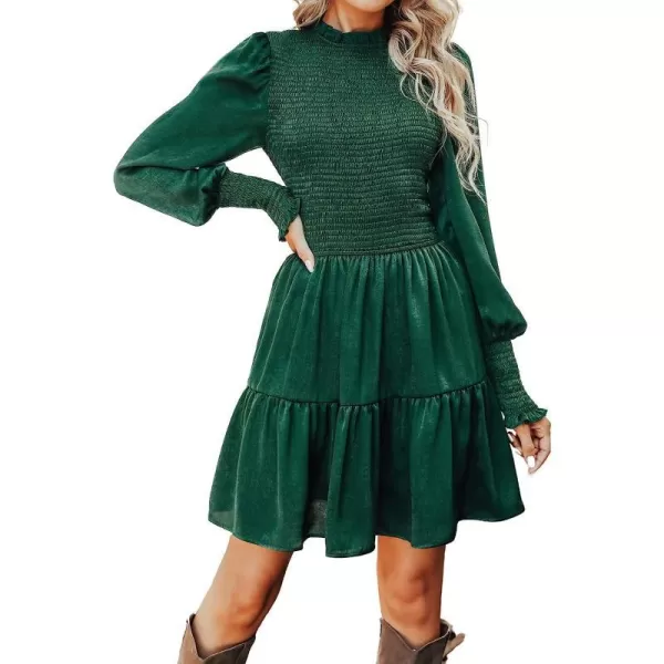 imageCUPSHE Womens High Neck Ruched Short Length Dresses Long Sleeves Smocked Dress with Tiered HemGreen