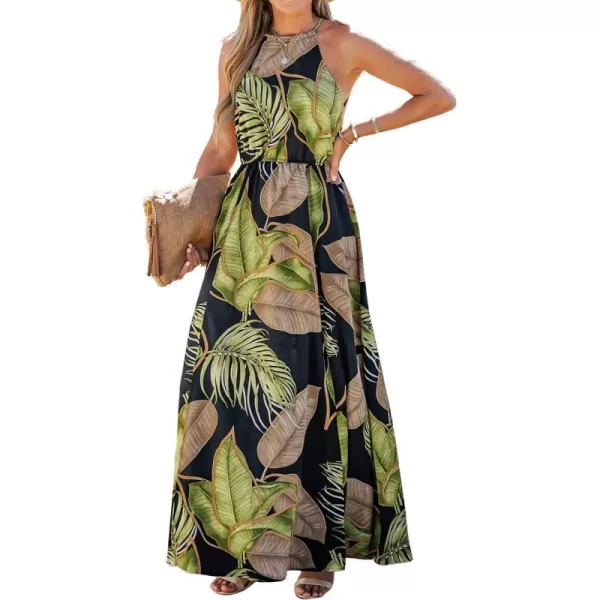 imageCUPSHE Womens High Round Neck Maxi Length Dresses Slip Summer Dress with Tropical PrintBlack