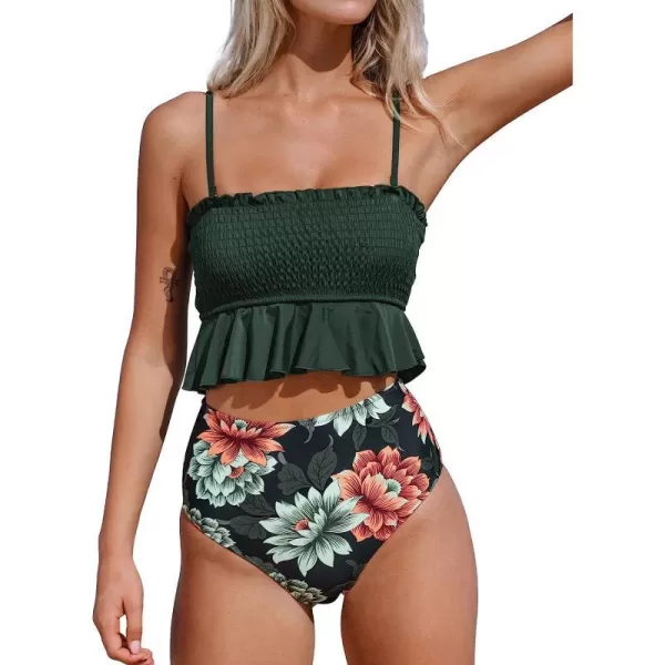 imageCUPSHE Womens High Waist Bikini Swimsuit Ruffle Two Piece Bathing SuitArmy Green