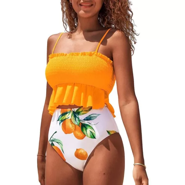 imageCUPSHE Womens High Waist Bikini Swimsuit Ruffle Two Piece Bathing SuitOrange Leafy