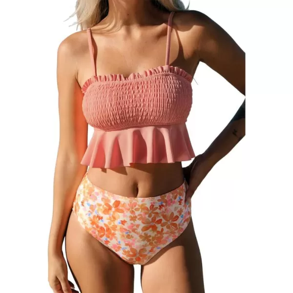 imageCUPSHE Womens High Waist Bikini Swimsuit Ruffle Two Piece Bathing SuitPeach PinkFloral