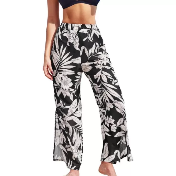 imageCUPSHE Womens High Waist Bottom Cover Up Sheer Beach Swimsuit Elastic Wide Leg Pants Side Slit Summer Floral 2024Black Tropical