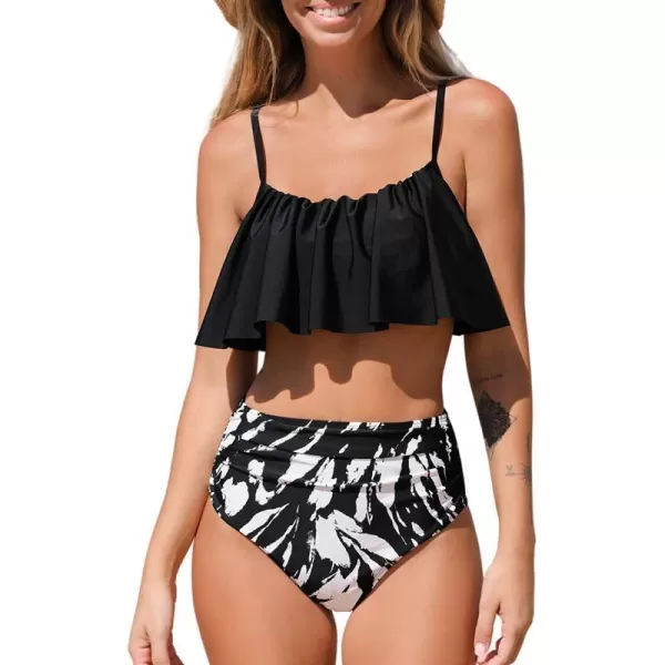 imageCUPSHE Womens High Waisted Falbala Bikini SetBlack  Abstract Print