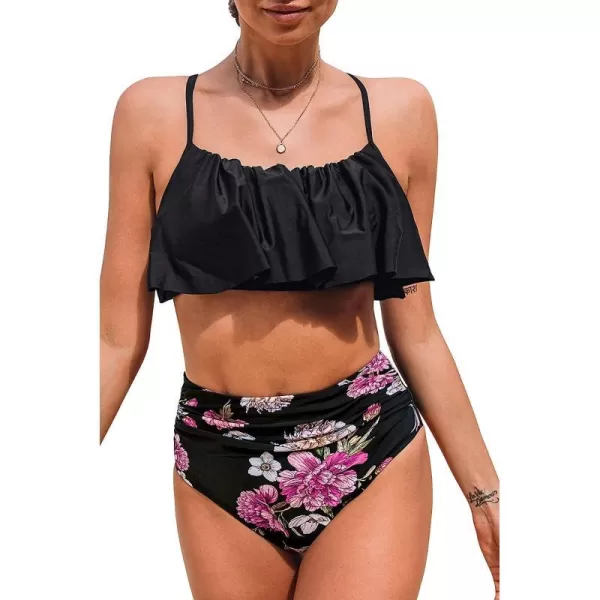 imageCUPSHE Womens High Waisted Falbala Bikini SetBlack Flower