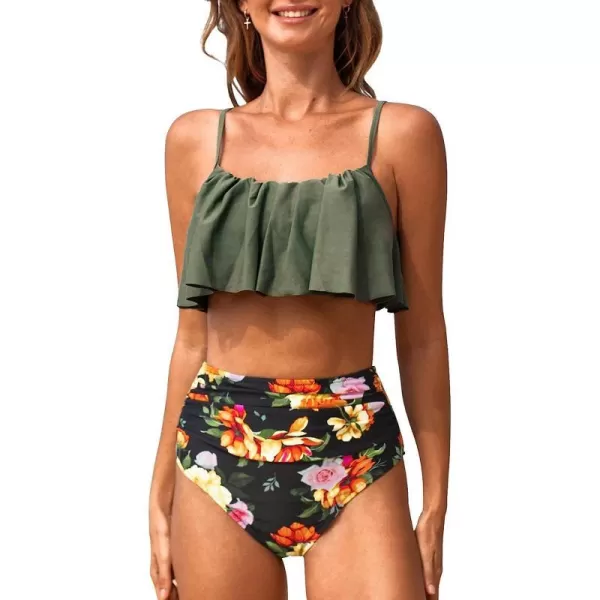 imageCUPSHE Womens High Waisted Falbala Bikini SetOlive GreenBlack