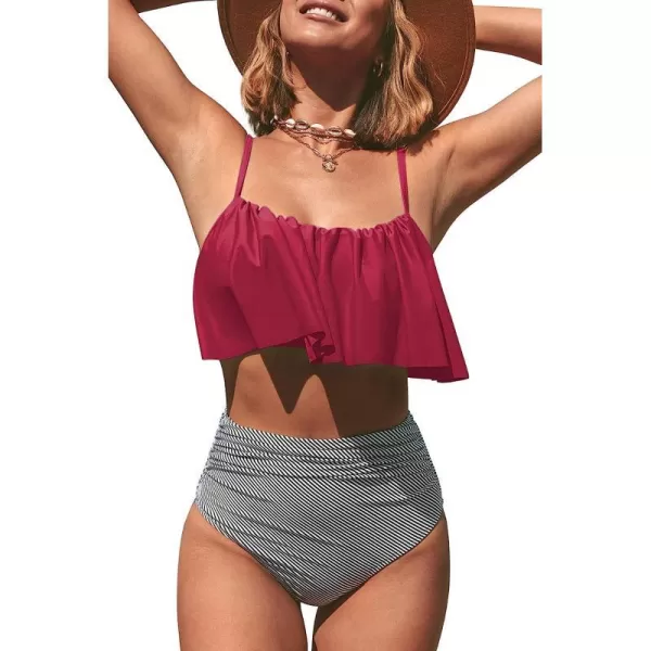 imageCUPSHE Womens High Waisted Falbala Bikini SetRed Stripe