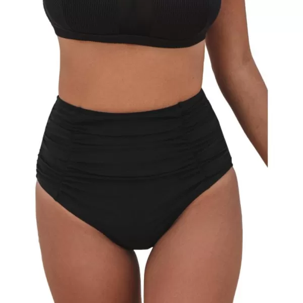 imageCUPSHE Womens High Wasited Bikini Bottom Shirred Tummy Control Swimsuit Full Coverage Retro Swim BottomXS4XLBlack