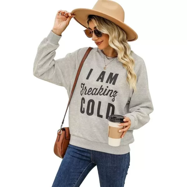 imageCUPSHE Womens I Am Freaking Cold Print Long Sleeve Sweatshirt Pullover T ShirtLight Grey