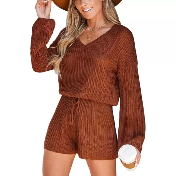 imageCUPSHE Womens Jumpsuit Long Sleeve V Neck Sweater Romper Overalls Casual Knit Pollover Sweater JumpsuitBurnt Orange
