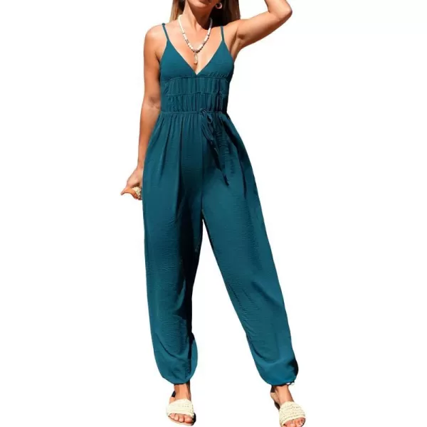 imageCUPSHE Womens Jumpsuit Sleeveless Deep VNeck LaceUp Tapered Wide Leg OverallBlue