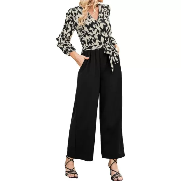 imageCUPSHE Womens Jumpsuits Belted Leopard Print Long Sleeve Overall Long Sleeves V Neck Outfit Casual DressyBlack