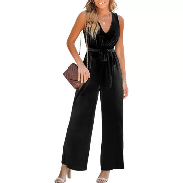 imageCUPSHE Womens Jumpsuits Belted Wide Leg V Neck Sleeveless Outfit Casual DressyBlack