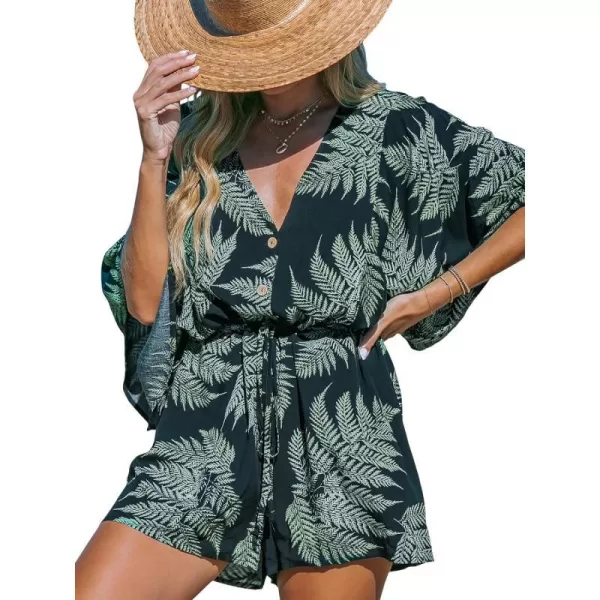 imageCUPSHE Womens Jumpsuits Boho Short Sleeve V Neck Wide Leg Overall Tie Outfit Casual BeachBlackGreen Leaves