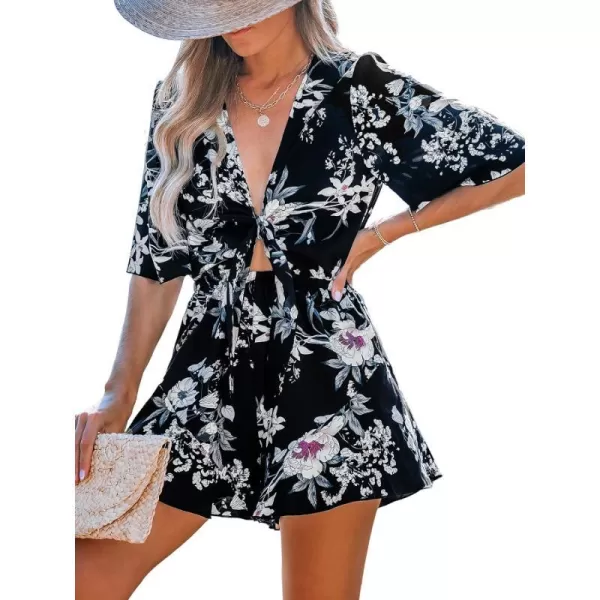 imageCUPSHE Womens Jumpsuits Boho Short Sleeve V Neck Wide Leg Overall Tie Outfit Casual BeachBlackWhite Flower
