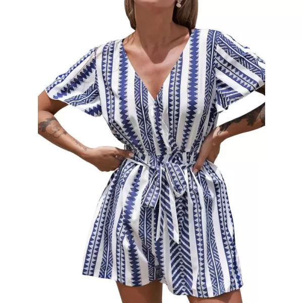 imageCUPSHE Womens Jumpsuits Boho Short Sleeve V Neck Wide Leg Overall Tie Outfit Casual BeachBlue Stripes