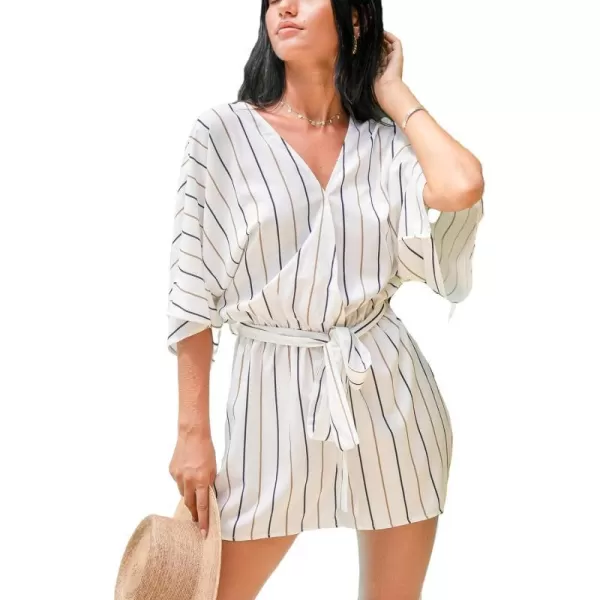 imageCUPSHE Womens Jumpsuits Boho Short Sleeve V Neck Wide Leg Overall Tie Outfit Casual BeachWhite
