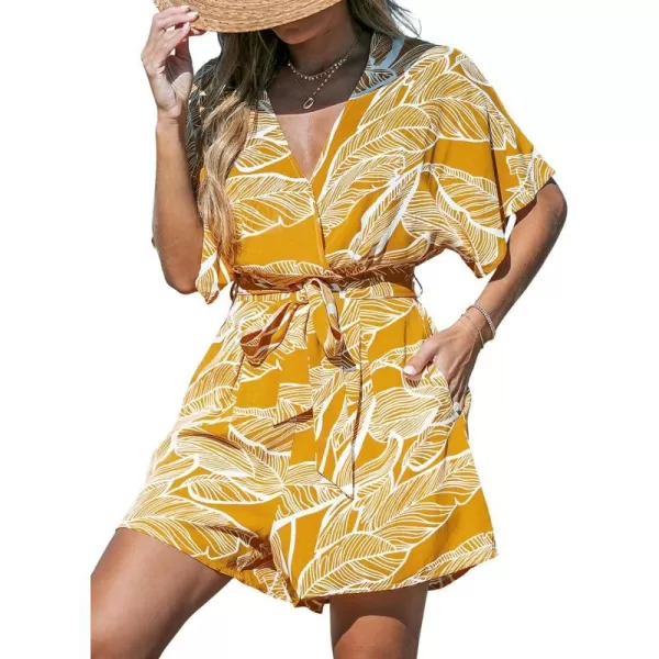 imageCUPSHE Womens Jumpsuits Boho Short Sleeve V Neck Wide Leg Overall Tie Outfit Casual BeachYellow