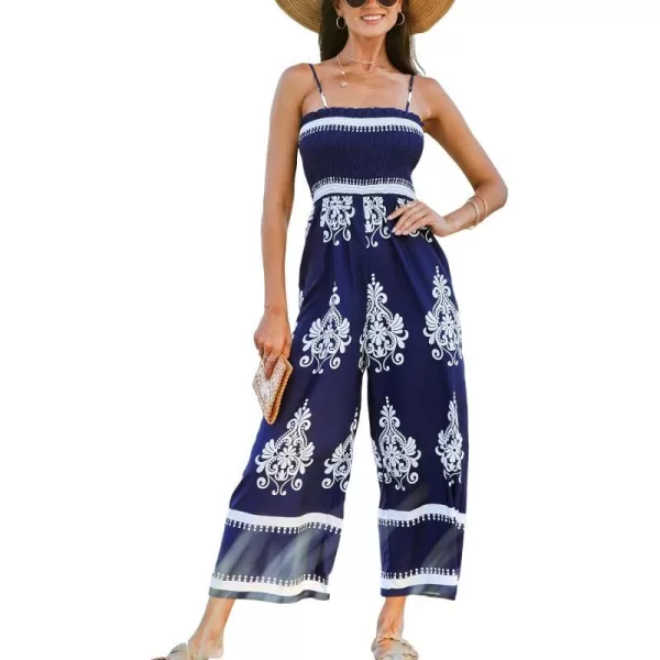 imageCUPSHE Womens Jumpsuits Boho Smocked Bodice Wide Leg Romper Overall Tube Neck Outfit Casual DressyBlue