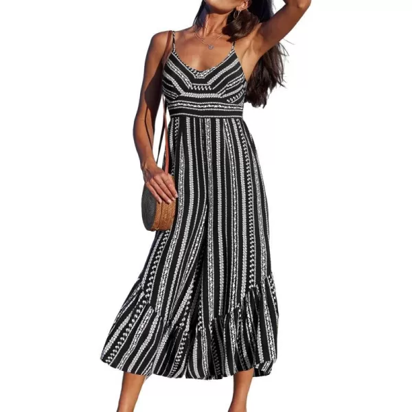 imageCUPSHE Womens Jumpsuits Boho Striped Sleeveless Flared Leg Wide Leg Romper Overall V Neck Outfit Casual DressyBlack