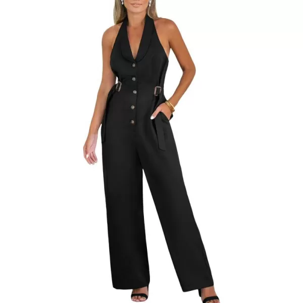 imageCUPSHE Womens Jumpsuits Collared Halterneck Straight Leg Overall Button Front Casual DressyBlack