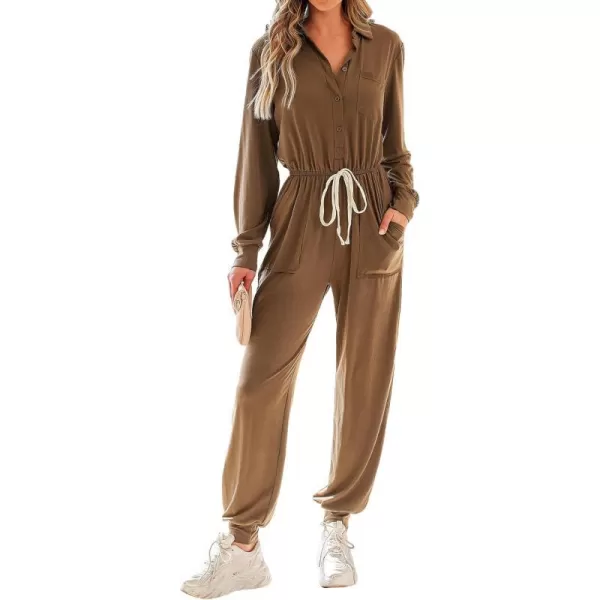 imageCUPSHE Womens Jumpsuits Drawstring Waist Jogger Rompers Long Sleeve Button Front Outfit Casual DressyBrown