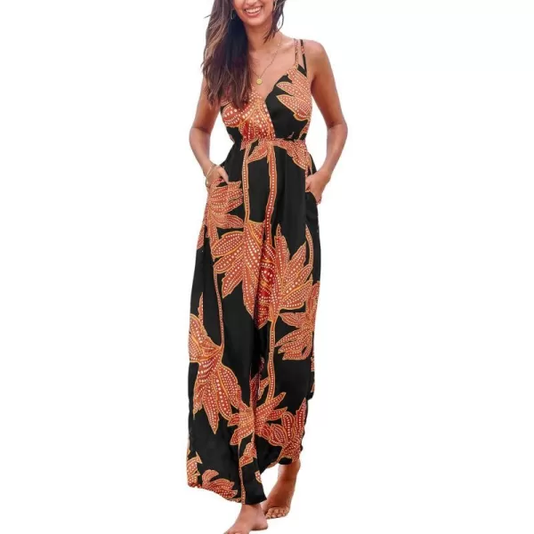 imageCUPSHE Womens Jumpsuits Floral Sleeveless V Neck Overall Wide Leg Outfit Casual BeachBlack