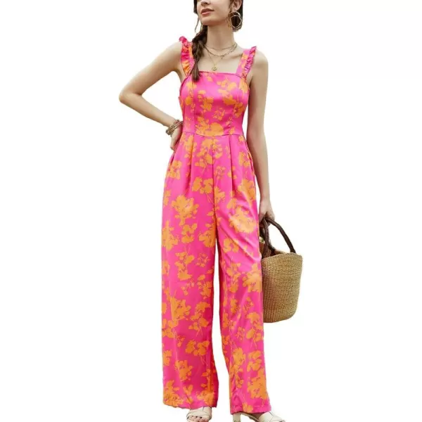 imageCUPSHE Womens Jumpsuits Floral Square Neck Ruffled Wide Leg Self Tie Back Overall Outfit Casual Beach Maxi RomperRed
