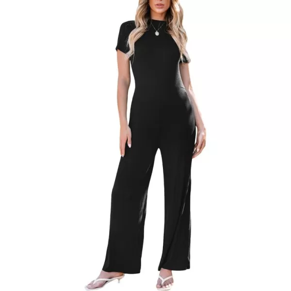 imageCUPSHE Womens Jumpsuits Front Zipper Short Sleeve Straight Leg Overall Crewneck Outfit Dressy CasualBlack