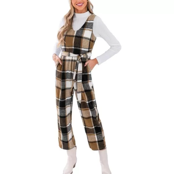 imageCUPSHE Womens Jumpsuits Gingham Sleeveless Belted Jumpsuit V Neck Sleeveless Outfit Casual DressyBrown