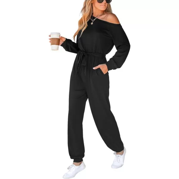 imageCUPSHE Womens Jumpsuits Onyx OneShoulder Belted Jogger Jumpsuit Long Sleeve Outfit Casual DressyBlack