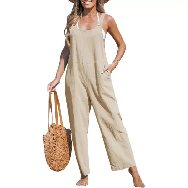 imageCUPSHE Womens Jumpsuits Pinafore Scoop Neckl Sleeveless Contrast Buttons Romper Long Overall Outfit Casual DressyLight Brown