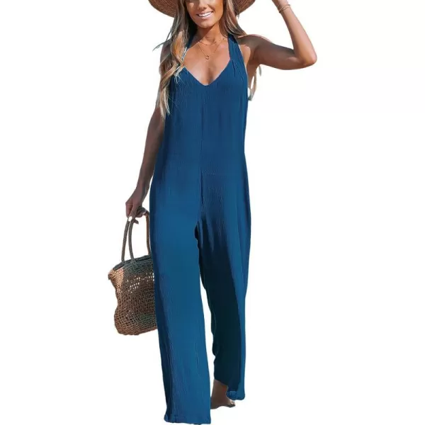 imageCUPSHE Womens Jumpsuits Plunging Sleeveless Wide Leg Overall Deep V Neck Outfit Casual DressyNavy