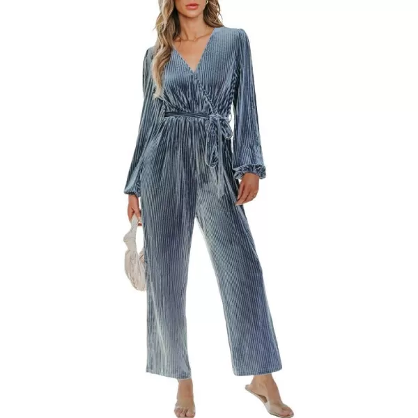 imageCUPSHE Womens Jumpsuits Ribbed Velvet Belted Long Sleeve Jumpsuit V Neck Outfit Casual Party DressyBlue