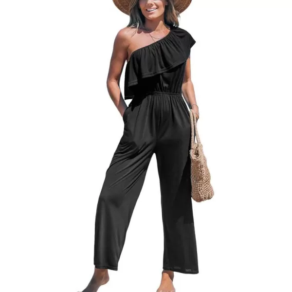 imageCUPSHE Womens Jumpsuits Ruffled One Shoulder Straight Leg Overall Sleeveless Outfit CasualBlack