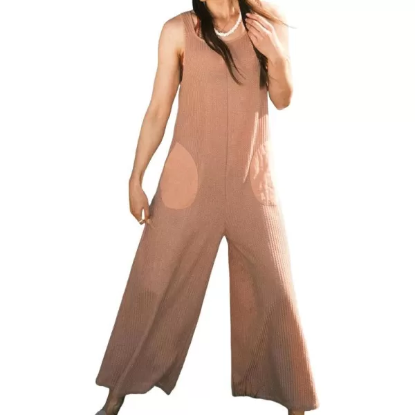 imageCUPSHE Womens Jumpsuits Scoop Neck Patch Pockets Loose Fit Overall Sleeveless Wide Leg Outfit CasualBrown