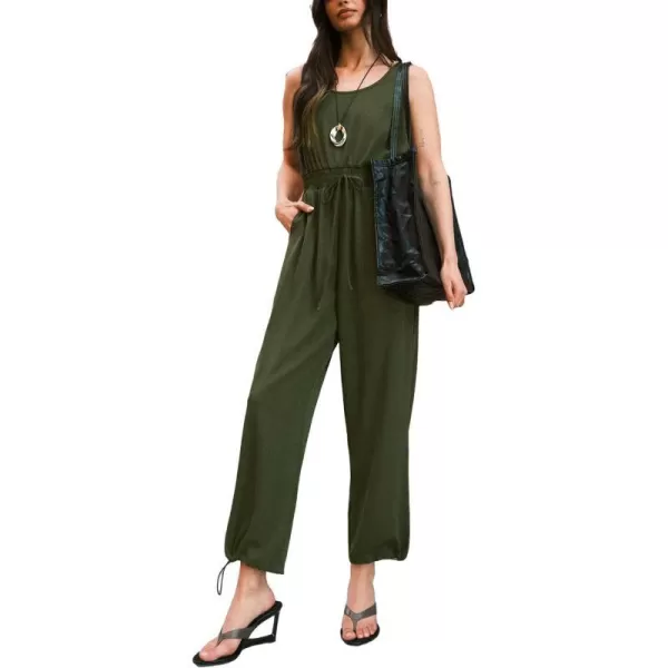 imageCUPSHE Womens Jumpsuits Scoop Neck Waist Tie Overall Sleeveless Wide Leg Loose Fit Outfit Dressy CasualGreen