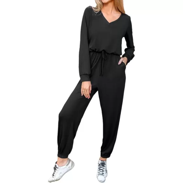 imageCUPSHE Womens Jumpsuits Shadow Cutout VNeck Jogger Jumpsuit Long Sleeve Outfit Casual DressyBlack