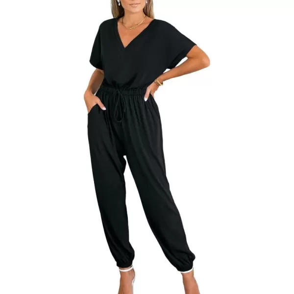imageCUPSHE Womens Jumpsuits Short Sleeve Tapered Leg Jersey Overall V Neck Outfit CasualBlack