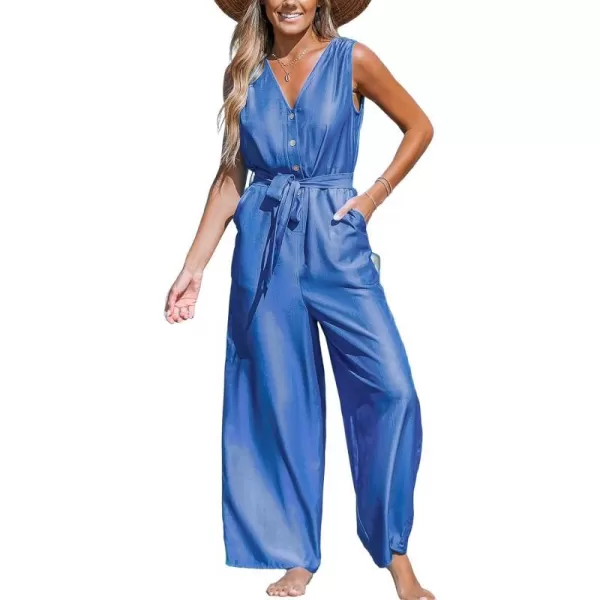 imageCUPSHE Womens Jumpsuits Sleeveless Front Button TieWaist Wide Leg Overall Pockets Outfit CasualDark Blue
