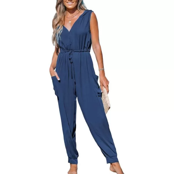 imageCUPSHE Womens Jumpsuits Sleeveless Hooded V Neck Overall Side Pockets Tapered Leg Outfit Romper Casual DressyBlue