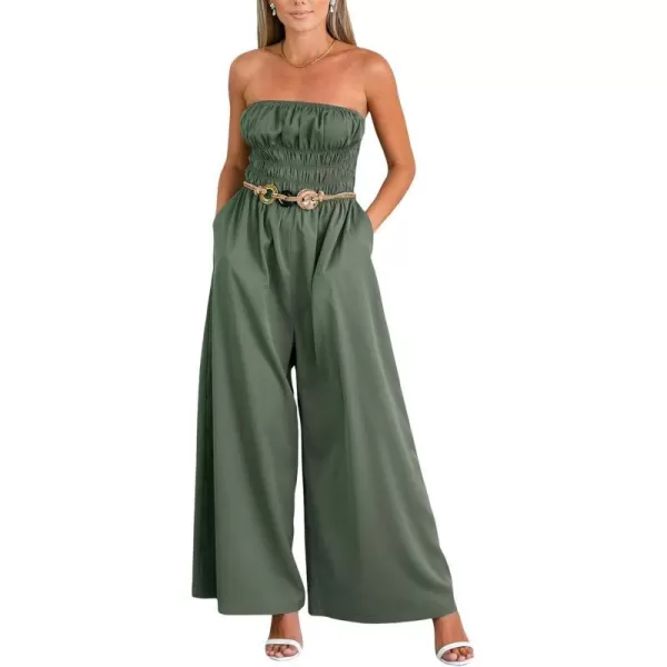 imageCUPSHE Womens Jumpsuits Sleeveless Smocked Waist Wide Leg Overall Straight Neck Outfit CasualGreen