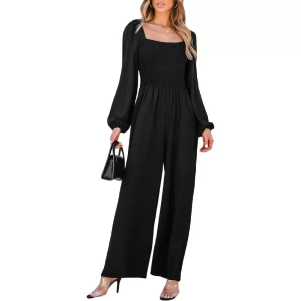 imageCUPSHE Womens Jumpsuits Smocked Peasant Sleeve Jumpsuit Long Sleeve Square Neck Outfit Jumpsuits Casual DressyBlack