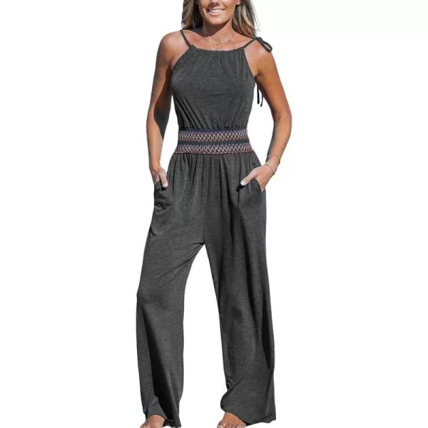 imageCUPSHE Womens Jumpsuits Smocked Waist Straight Leg Jumpsuit Overall High Neck Outfit CasualGrey