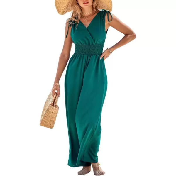 imageCUPSHE Womens Jumpsuits Smocked Waist Wide Leg Overall V Neck Outfit Casual Sexy DressyBlue