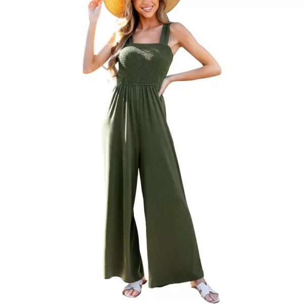imageCUPSHE Womens Jumpsuits Square Neck Smocked Wide Leg Overall Sleeveless Outfit Casual BeachGreen