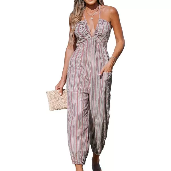 imageCUPSHE Womens Jumpsuits Stripe Halter Sleeveless V Neck Romper Tapered Leg Overall Outfit Casual BeachRed