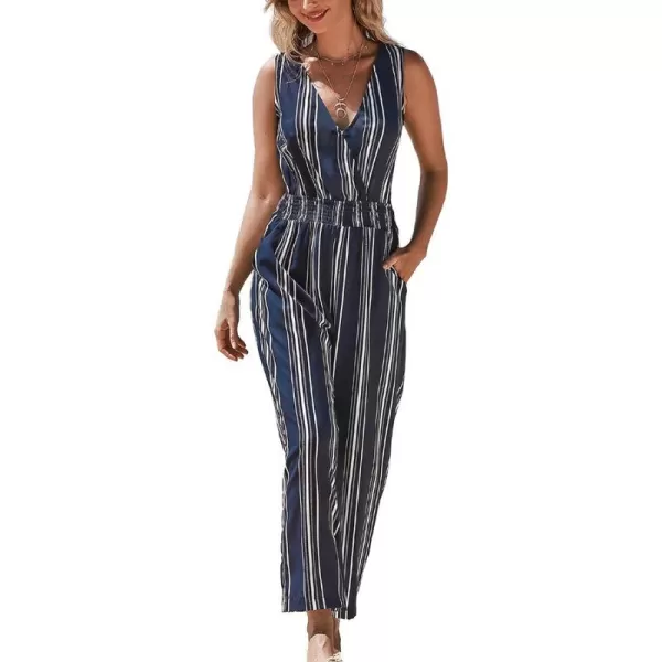 imageCUPSHE Womens Jumpsuits Stripe Smocked Waist Romper Sleeveless Overall V Neck Outfit Casual DressyBlue